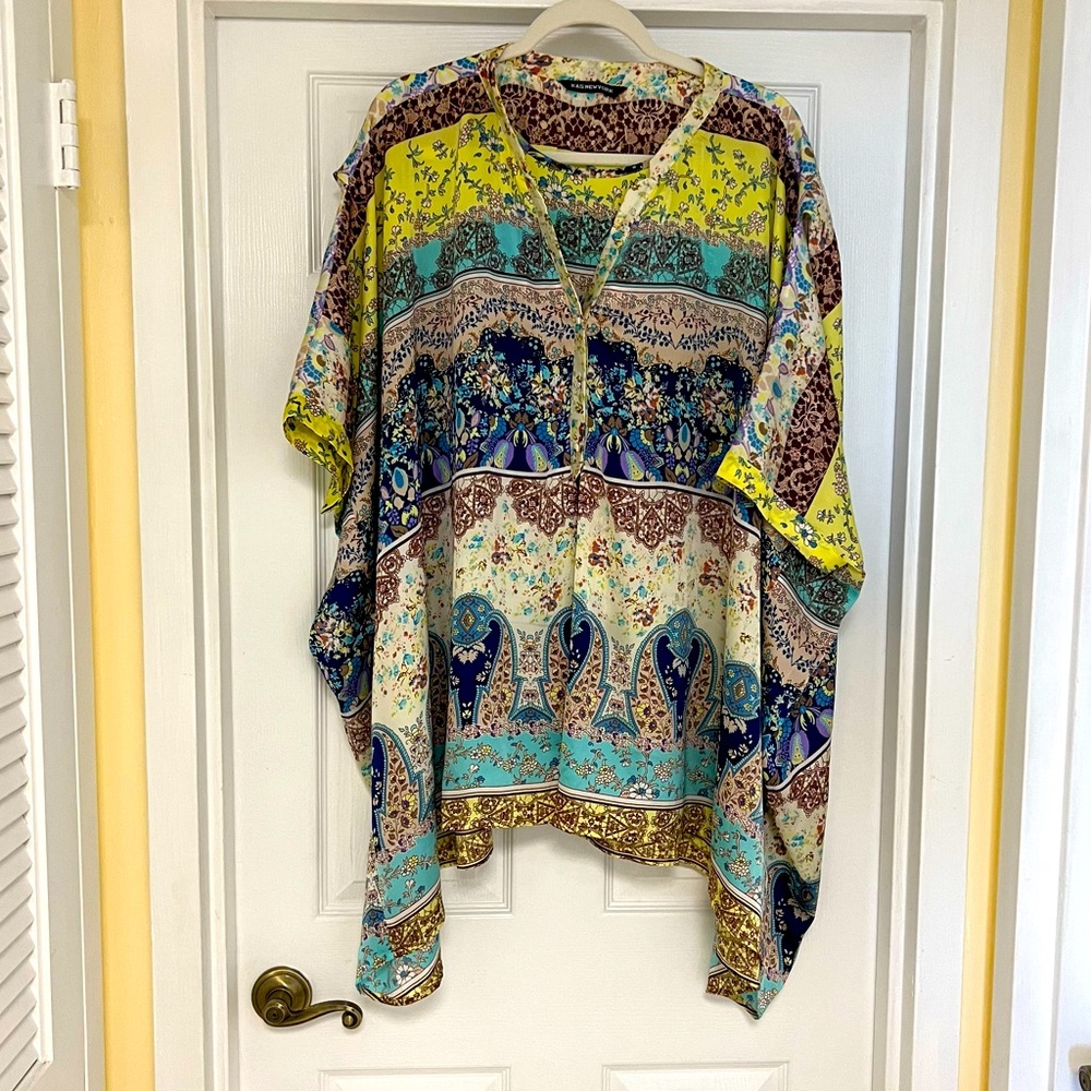 Like new  KAS New York Bohemian Faux Silk Bright Print Poncho Blouse Size L